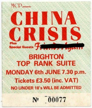 China Crisis Top Rank Suite,  Brighton 6/6/83 Ticket