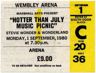 Stevie Wonder Wembley Arena,  London 1/9/80 Ticket