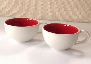 Set Of 2 Crate & Barrel Coffee/tea Cups White With Red Interior -