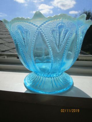 1906 Northwood Blue Opalescent “roulette” Footed Bowl