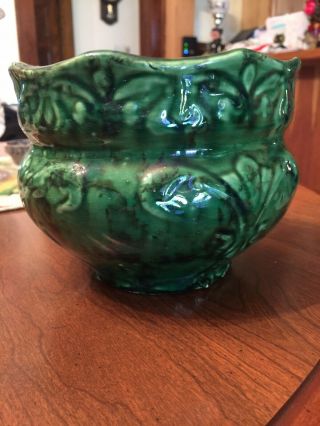 Vintage Brush McCoy Weller Art Pottery 5”T X 6 - 1/4 W Jardiniere Frog Skin Green 5