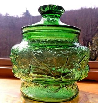 Vintage Anchor Hocking Canister W/ Lid Crinkle Rain Daisy Flower Green Glass Usa