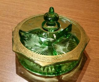 Vaseline Uranium Green Depression Glass Divided Candy Dish Etched Gold Trim Top