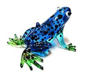 Collectible Miniature Hand Blown Art Glass Blue Frog Black Dot Figurine Gift