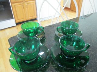 8pc Arcoroc Green Glass Cups & Saucers  France