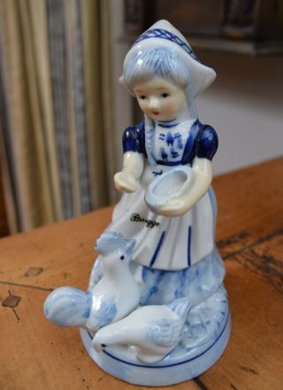 Vintage Delft Brugge Figurine Girl Feeding Chickens Handpainted Evc Blue White