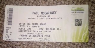 Paul Mccartney - Freshen Up - Concert Gig Ticket Stub Glasgow Sse Hydro 2018