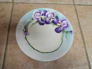 Antique Limoges France Purple Iris Hp Porcelain Art Nouveau Plate,  Signed