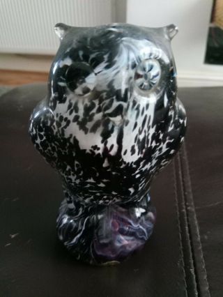 Swedish Reijmyre Crystal Glass Owl Black And White Paperweight Ornament