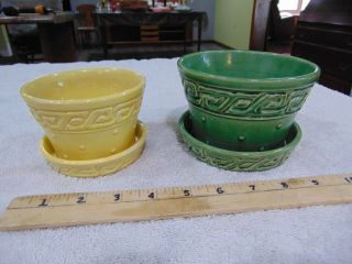 2 Vintage Mccoy Pottery Planters Pot With Attached Saucer Greek Key