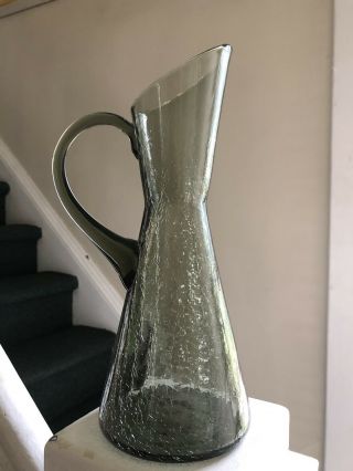Vintage Hand Blown Tall Crackle Glass Pitcher In Smoke Or Charcoal