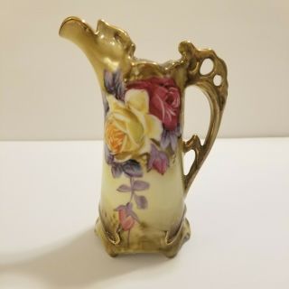 Vintage Nippon Pitcher Creamer 5¼ " Tall Hand - Painted Roses W/ Gold Trimming