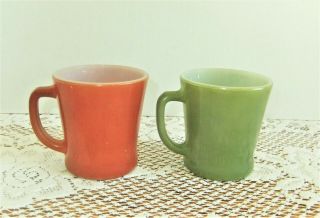 2 Vintage Fire King Coffee Cup Mugs D Handle - 1 Green - 1 Rust Brown