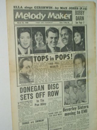 Melody Maker Pop Paper.  26th March 1960.  Cliff. ,  Donegan. ,  Poll Results Etc