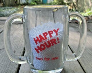 Vintage Two Handled Happy Hour Clear Thick Glass Mug Anchor Hocking Beer Novelty