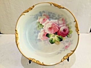 J P Jean Pouyat Limoges Hand Painted Porcelain Roses 9” Bowl With Gold Rim