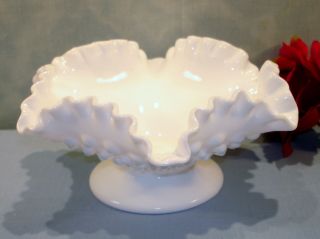 Fenton Hobnail White Milk Glass Ruffled Footed Bowl 8 Inch 40s 50s 60s Glassware