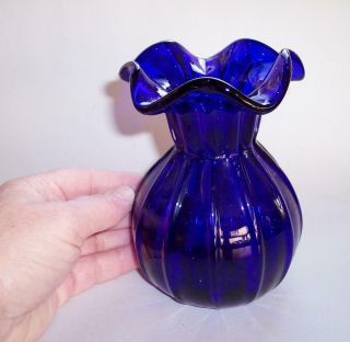 Antique Vintage Bristol Cobalt Blue Glass Ribbed Bag Vase 5.  25 " High