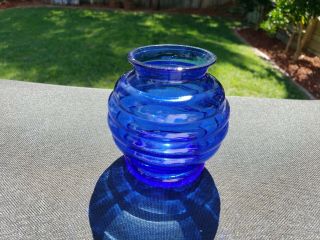 Anchor Hocking Cobalt Blue Depression 3 " Round Ribbed Vase Marked U.  S.  A.  6