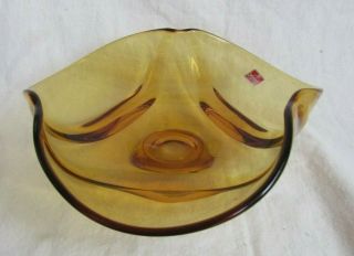 VIKING GLASS AMBER EPIC FOLDED THREE SIDED BOWL WITH LABEL 2