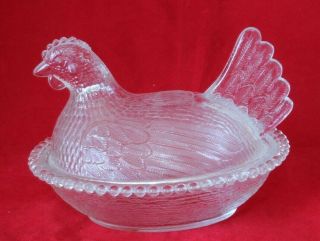 Vintage Glass Chicken Hen On Nest Covered Candy Dish Clear