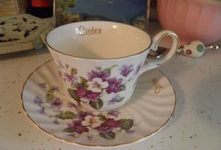 Vintage Staffordshire Sister Tea Cup & Saucer Purple Violets White Gold England