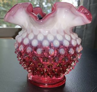 Vintage Fenton Opalescent Hobnail Cranberry Ruffle Vase 4” W/label