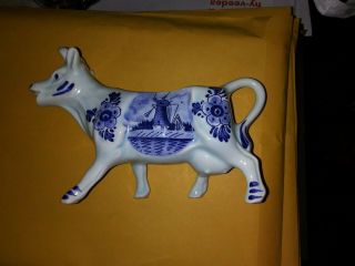 Vintage Delft Blue Holland Hand Painted Cow Windmill Creamer Made In Holland