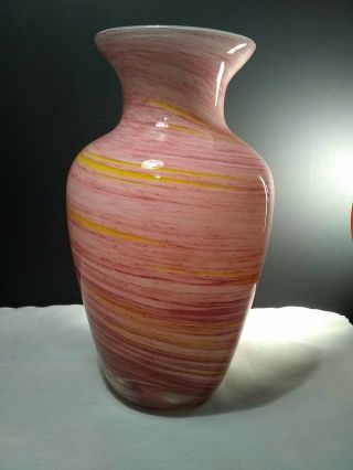 Hand Blown Art Glass Vase 9 1/2 " Tall.  Red Yellow And White.