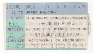 Rare The Moody Blues & The Des Moines Symphony 10/8/93 Concert Ticket Stub