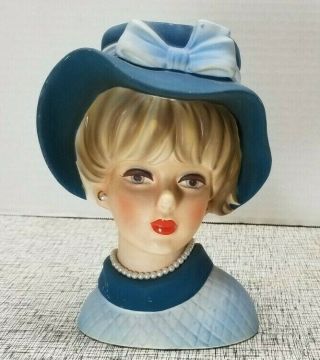 Vintage Blond Hair Blue Eye Lady Head Vase Blue Hat Dress Pearls C - 7495