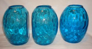 3 Vintage Mid Century Modern Blue Aqua Glass Thumbprint 5” Tall Bookends Vases