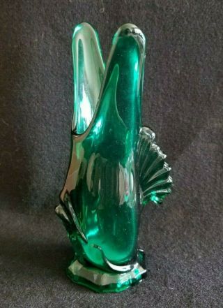 Vintage Hand Blown Green Art Glass Fish Vase