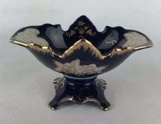 Vintage Czech M.  Z 1794 Thun Cobalt Porcelain 24ct Gold Metal Pedestal Dish