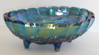 Large Vintage Blue Iridescent Indiana Carnival Glass Oval Footed Fruit Bowl