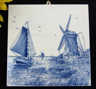 Delft Blue Holland Hand Painted Decorative Tile W Sailboat & Windmills 6 " X 6 "