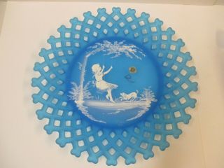1973 Westmoreland Mary Gregory Blue Glass Plate Girl With Dog Sticker