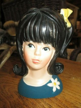 Antique Vintage Rare Teen Girl Lady Black Hair Bow Enesco Headvase Head Vase