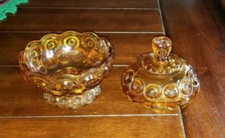 VINTAGE AMBER DEPRESSION Glass MOON & STARS footed Candy Dish Lid 2