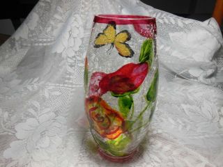 Flowers And Butterflies Vase Hand Painted On Crackle Glass Cylindrical