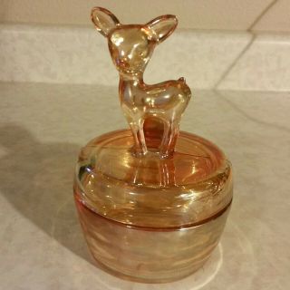 Vtg Jeannette Glass Marigold Carnival Vanity Powder Dish With Deer Fawn On Lid