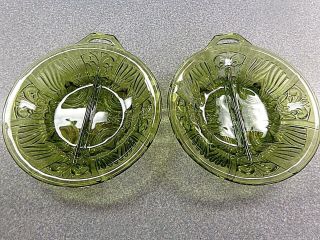 2 Vintage Green Cut Glass Divided Footed Relish Dishs