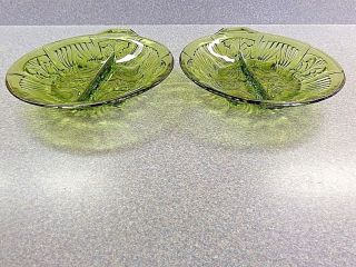 2 Vintage Green Cut Glass Divided Footed Relish Dishs 2