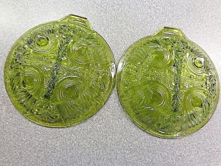 2 Vintage Green Cut Glass Divided Footed Relish Dishs 3