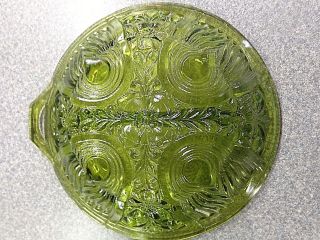 2 Vintage Green Cut Glass Divided Footed Relish Dishs 4