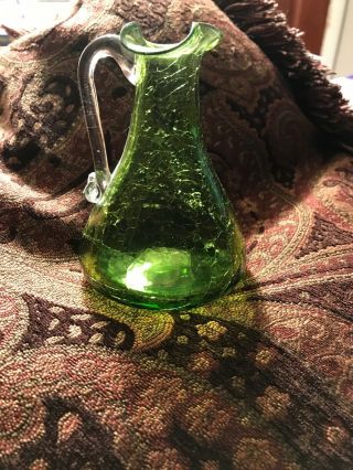 Vtg 4.  5 Inch Hand Blown Green Crackle Glass Pitcher Smooth Pontil Bud Vase