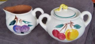 Stangl Pottery Hand Painted Fruit Pattern Covered Sugar Bowl And Creamer