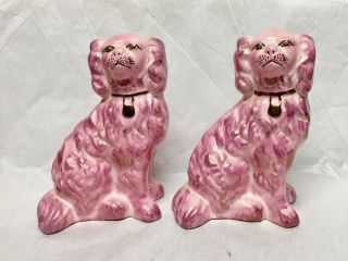 Vintage Hand Painted Pink Lustre Sitting Spaniel Figurines - Signed