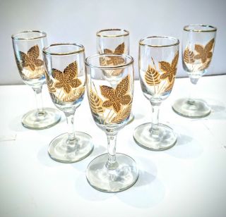 Set Of 6 Vintage Libbey 1oz Cordial Stem Glasses Gold Gilt Oak Elm Maple Leaf