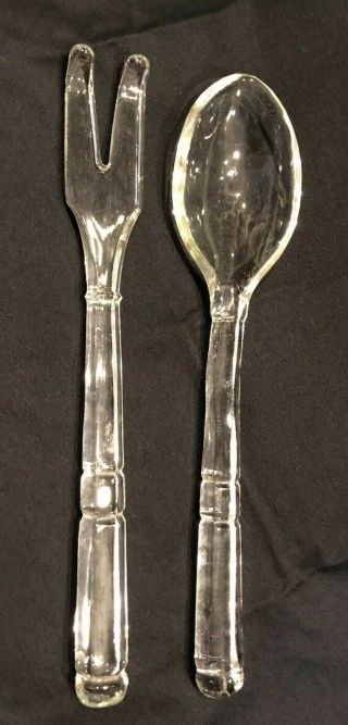 Vintage Clear Glass Salad Fork And Spoon Serving Set 10”
